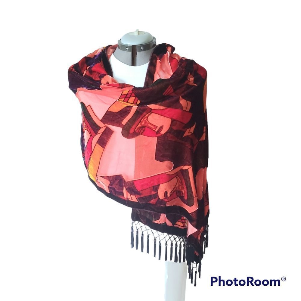 Soho Red Artwork Burnout Velvet & Silk Fringe Beaded Shawl Wrap Cover Up